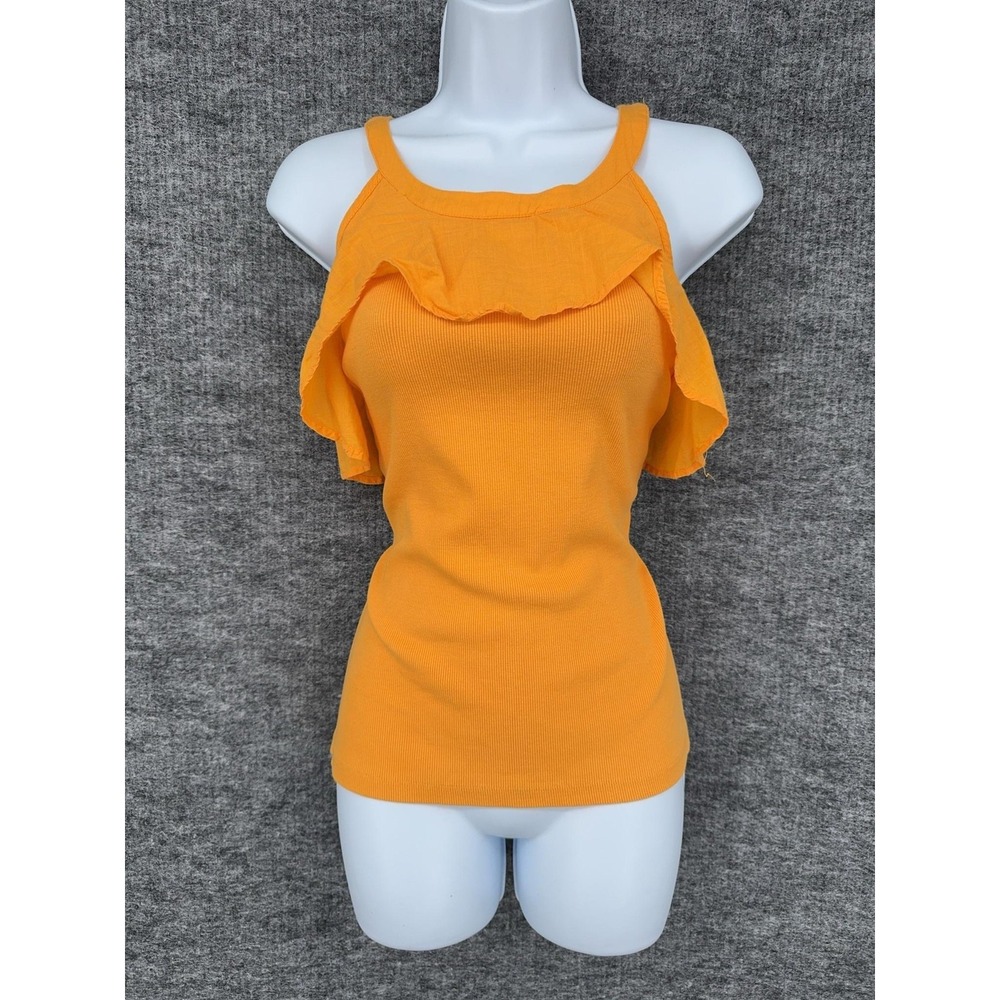 Maeve‎ Tank Top Womens L Orange Ruffle High Neck Ribbed Knit Stretch Cami